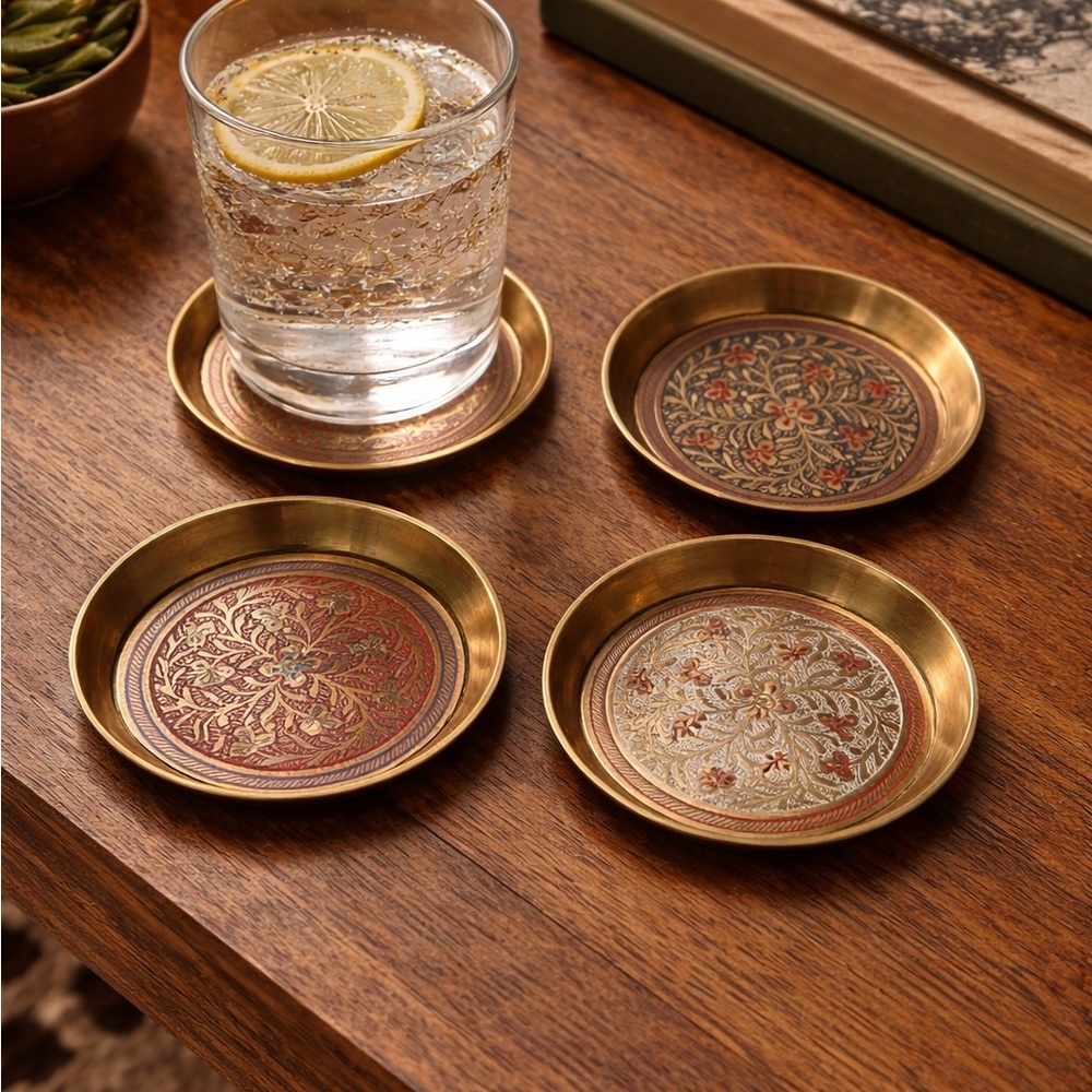 Vintage Brass Set of Four Etched Floral Coasters/Dishes